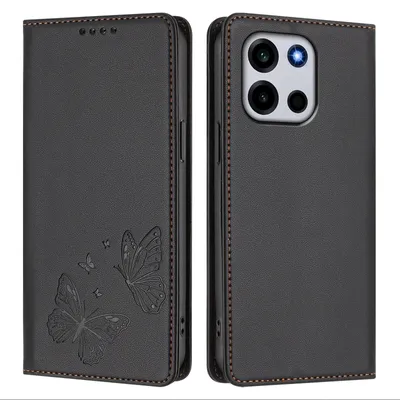 Image de Étui en cuir pour OnePlus Turbo 6, étui de protection type portefeuille en cuir gaufré « papillon » avec support, noir