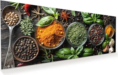 Produktbild von Glasbild 125x50cm in XXL für Wohnzimmer, Schlafzimmer Motiv Gewürze Und Kräuter