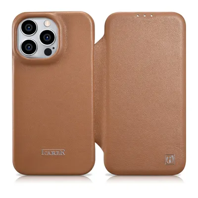 A brown leather phone case for an iPhone 14 Pro, shown open and closed.