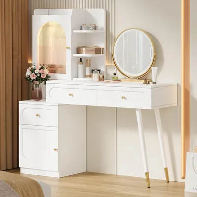Imagen del producto de Tocador Flieks con espejo LED y armario, mesa de maquillaje extensible con vitrina de cristal, cajones y estante, 121,5 x 40 x 135,2 cm, blanco, MDF