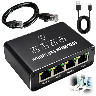 Productafbeelding van LAN splitter 1 naar 4, Gigabit Ethernet Switch 4 poorten, 1000Mbps netwerkverdeler