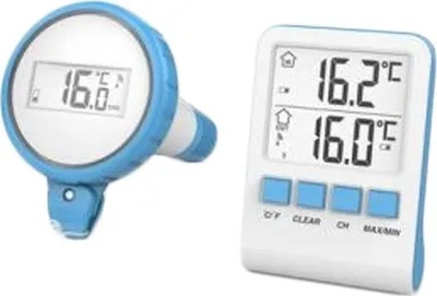 Two digital thermometers are shown against a white background. One is round and blue and white, the other is rectangular and white with blue buttons.