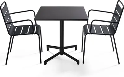 Produktbild von Set aus 70 cm Tisch und 2 grauen Gartensesseln aus Metall - Oviala Palavas