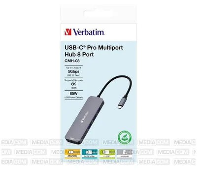 Produktbild von Verbatim CMH-08, USB Typ-C, HDMI, USB 3.2 Gen 1 (3.1 Gen 1) Type-A, USB Typ-C, MicroSD (TransFlash), SD, 5000 Mbit/s, 30 Hz, Silber