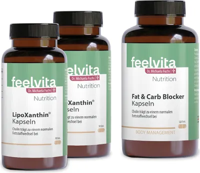 Produktbild von Genius Feelvita Nutrition Stoffwechsel-Set 3-tlg - Hochdosiert - 2x LipoXanthin, 1x Fat & Carb Blocker – Unterstützt die normalen Stoffwechselfunktion