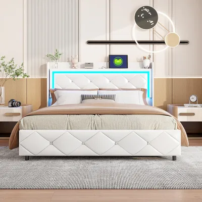 Produktbild von Bett mit Stauraum für Erwachsene, 140 x 200 cm, mit USB-Ladeanschluss und verstellbarer LED-Beleuchtung, Nietenverzierung, Weiß