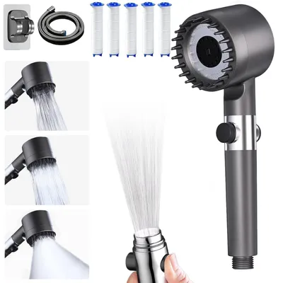 Produktbild von Duschkopf mit Filter und Schlauch mit 4 Strahlarten 2m Duschschlauch mit Duschständer,Duschkopf Druckerhöhend mit Wasserpausentaste shower head
