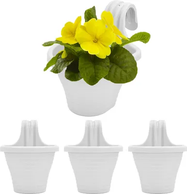 A white hanging planter with yellow flowers and green leaves is shown at the top, with three empty white planters below.