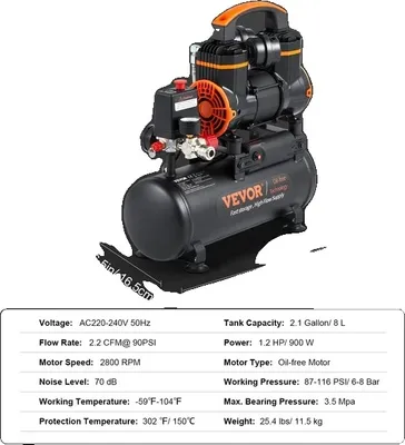 Produktbild von Leiser Luftkompressor, ölfrei, tragbar, 8L 900W