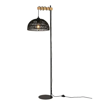 A black floor lamp with a woven shade and a wooden accent.