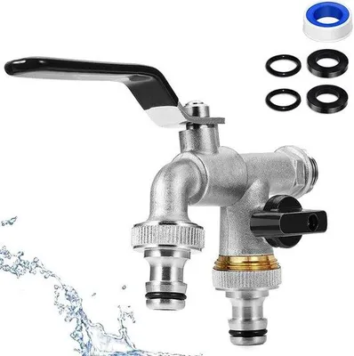 Image de Robinet double 1/2 pouce - robinet de jardin 3/4 pouce avec 2 sorties 3/4 pouce - résistant aux intempéries - noir - pour le jardin et la maison