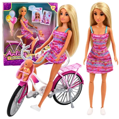 Produktbild von Anlily-Puppe in einem rosa Kleid mit Fahrrad- und Babysitz-Set