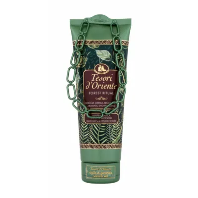 A green tube of Tesori d'Oriente Forest Ritual shower gel with a green chain accessory around the neck.