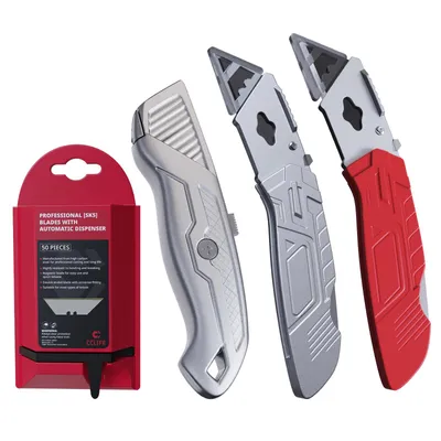 Produktbild von Cuttermesser Profi Set 3-teilig 50 Ersatzklingen Aluminium Klappmesser Teppichmesser mit einstellbarer Schnittiefe