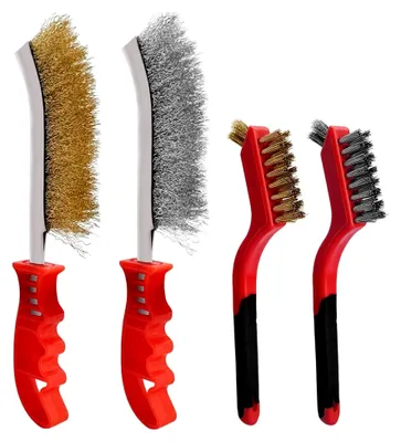 Produktbild von 4-teiliges Handdrahtbürsten-Set mit Edelstahl- und Messingbürsten zur Rost-, Farb- und Schweißschlackereinigung