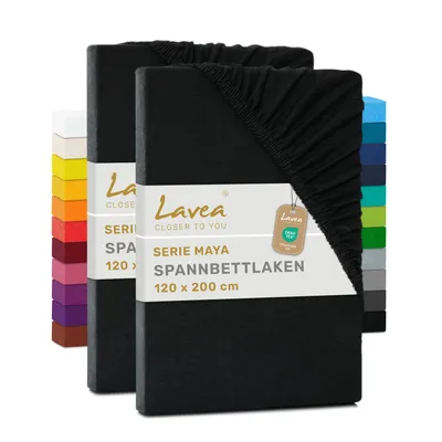 Produktbild von Lavea® 2er Pack Jersey Spannbettlaken 120x200cm, 100% Baumwolle – Weiches Bettlaken für Matratzen bis 20 cm Höhe – Schwarz