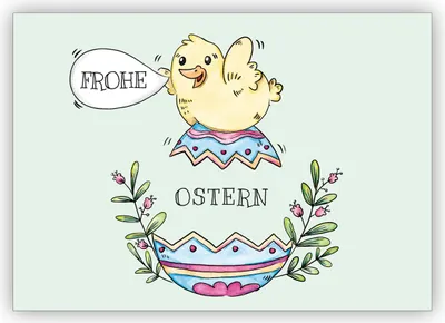 Produktbild von Niedliche gezeichnete Osterkarte mit Osterei geschlüpftem Küken zum Osterfest "Frohe Ostern"