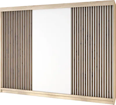 Produktbild von Schwebetürenschrank, 3-türig Schrank mit 4 Schubladen, und 3D-Lamellen. Verschiedene Farben (Weiß, Schwarz, Somona) Kleiderschrank IOSA 200 cm