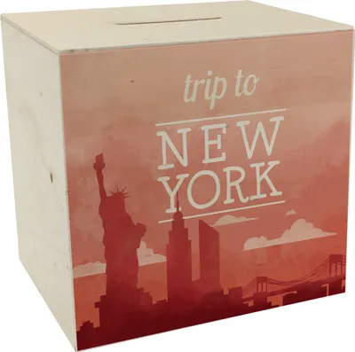 Produktbild von Spardose aus Holz mit schönem Motiv und Text - Trip to New York in rot