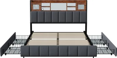 Immagine prodotto di Letto 160x200 cm con illuminazione a LED e porta USB, letto con cassetti, struttura letto con rete a doghe e testiera, letto per 2 persone, biancheria, nero