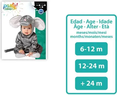 A baby wearing a mouse costume on its packaging, next to a size chart.
