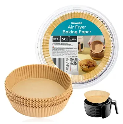 Produktbild von Bewello Airfryer-Backpapier rund – 23 cm – Airfryer-Backpapier XXL – Airfryer-Einwegbehälter – 50 Stück