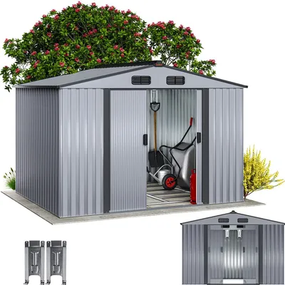 A metallic gray garden shed with sliding doors, partially open to reveal gardening tools inside, set against a white background with a flowering bush and tree behind it. A smaller, front-facing view of the shed is shown in the bottom right corner.