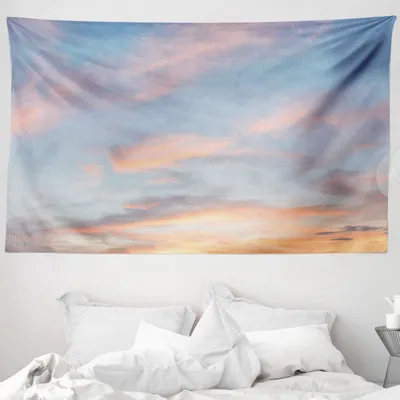 Produktbild von ABAKUHAUS Himmel Wandteppich, Wolken Sonnenuntergang aus Weiches Mikrofaser Stoff Waschbar ohne Verblassen Digitaldruck, 230 x 140 cm, Hellblau Gelb Pfirsich