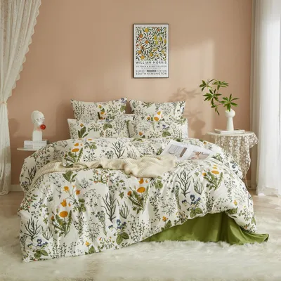 Zdjęcie produktu dla Komplet pościeli 220x240 cm, 100% bawełna, wzór: kwiaty, kolory: zielony, biały, kolorowy, zawiera 2 poszewki na poduszki 80x80 cm