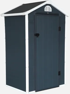 A dark grey plastic garden shed with white trim and a black door.