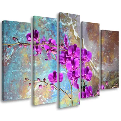 Produktbild von 5-teiliges leinwandbild orchideenblüten türkis 150x100 cm Feeby lila wandbild bereit zum aufhängen