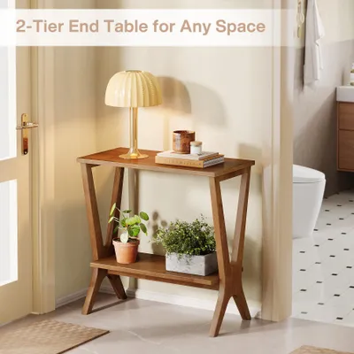 Produktbild von Tribesigns Beistelltisch aus Massivholz für Wohnzimmer, 2-stöckiger Ablagetisch mit stabilen Beinen, schmaler Retro-Nachttisch aus Holz, kleine Räume