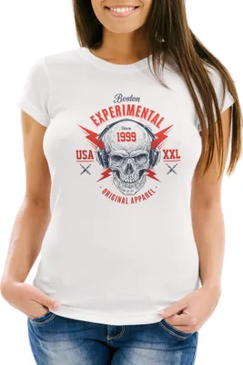 Produktbild von Damen T-Shirt Totenkopf Kopfhörer Skull Techno Experimental Music Neverless® weiß L