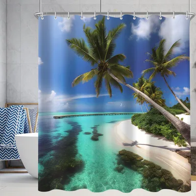 Productafbeelding van Douchegordijn 180x200 cm, strandmotief, polyester, waterafstotend, anti-schimmel, wasbaar, met 12 ringen