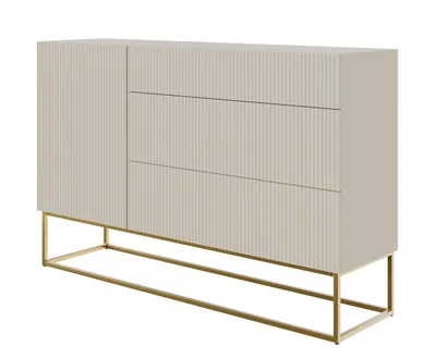 Image de Selsey VELDIO - Buffet commode 3 tiroirs, gris beige taupe avec structure métallique dorée, largeur 140 cm