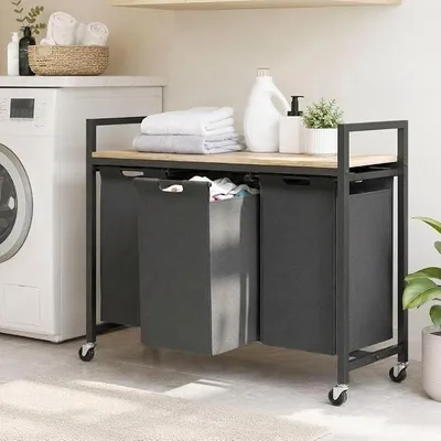 Produktbild von Wäschekorb mit Rollen und Ablage Wäscheregal Wäschesammler 3 Fächer 96697 Wäschebox Regal Wäschetonne Wäschesortierer Wäschetrenner