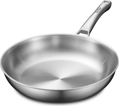 A stainless steel frying pan on a white background.