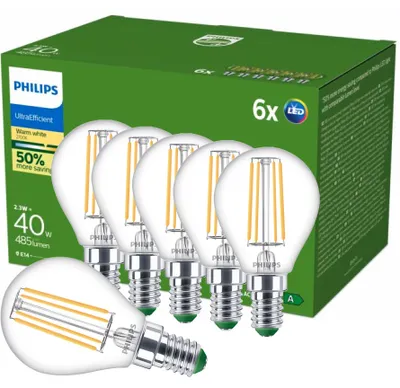 Produktbild von Philips Filament-Lampe Tropfenform, transparent 40 W P45 E14 x 6, 2,3 W, 40 W, E14, 485 lm, 50000 h, Warmweiß