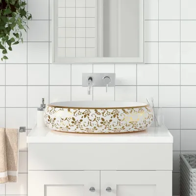 Produktbild von "2024"Moderne Aufsatzwaschbecken Weiß und Golden Oval 59x40x15 cm Keramik,Design Waschbecken 5859698