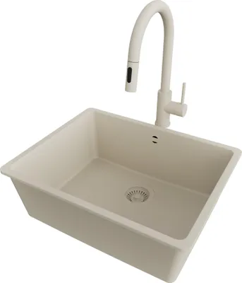 Produktbild von PRIMAGRAN Unterbauspüle Granit Beige 56x44cm, Spülbecken 1 Becken + Küchenarmatur 40x20cm + Ablauf-Set, Granitspüle ab 60er Unterschrank - Venedig Easy