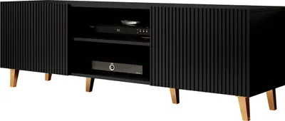 Produktbild von MIRJAN24 TV-Lowboard Pafos 150, Modern, Schwarz / Gold Füße, 2 Türen, Korpus Laminat, Fronten MDF/PVC, B 150 x H 53 x T 42 cm, grifflos, verstellbares Regalfach, ABS-Rand, max. 35 kg Traglast, Selbstaufbau