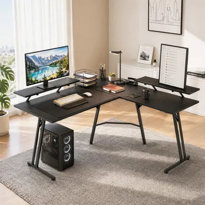 Productafbeelding van UISEBRT L-vormige hoekbureau, 140x140 cm, optioneel met monitorstandaard, staal en MDF, belastbaar tot 100 kg, geschikt voor gaming, kantoor en thuiswerkplek