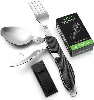 Produktbild von Famanu Campingbesteck 4-in-1 aus Edelstahl mit Aufbewahrungstasche - ideal für unterwegs
