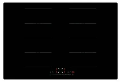 A top-down view of a black induction cooktop with heating zones marked by white lines and digital controls at the bottom.