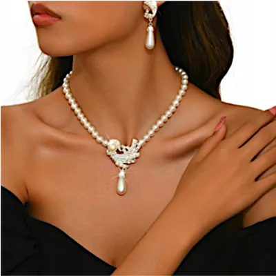 Image de Boucles d'oreilles, collier, parure en argent, zircons, perles, pour mariage et soirée
