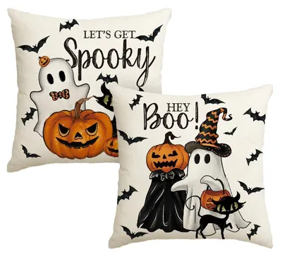 Produktbild von Kissenbezüge Halloween Fledermaus Geist Katze 45x45 cm 2er Set Beige