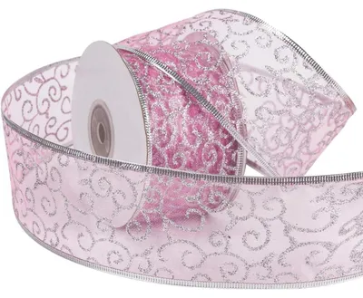 Zdjęcie produktu dla RUSPEPA Swirl Sheer Glitter Christmas Holiday Ribbon - 63mm X 22m - Jasnoróżowa