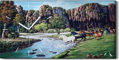 Produktbild von Wandbild Leinwand Bilder Wanduhr 60x30 Malerei Berge Pferde Fluss Bäume Natur - weiße Hände