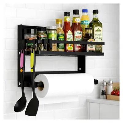Produktbild von Wandregal für Gewürze ohne Bohren, Hängendes Küchenregal mit Rollenhalter und 4 Haken, Schwarz, 30×29,5×21 cm