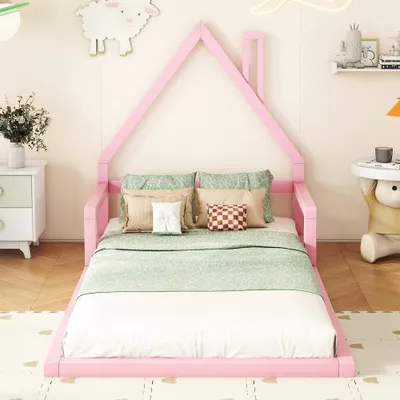 Produktbild von Märchenhaftes Kinderbett in Hausform aus massivem Kiefernholz. Robust & umweltfreundlich, rosa, 90x200 cm